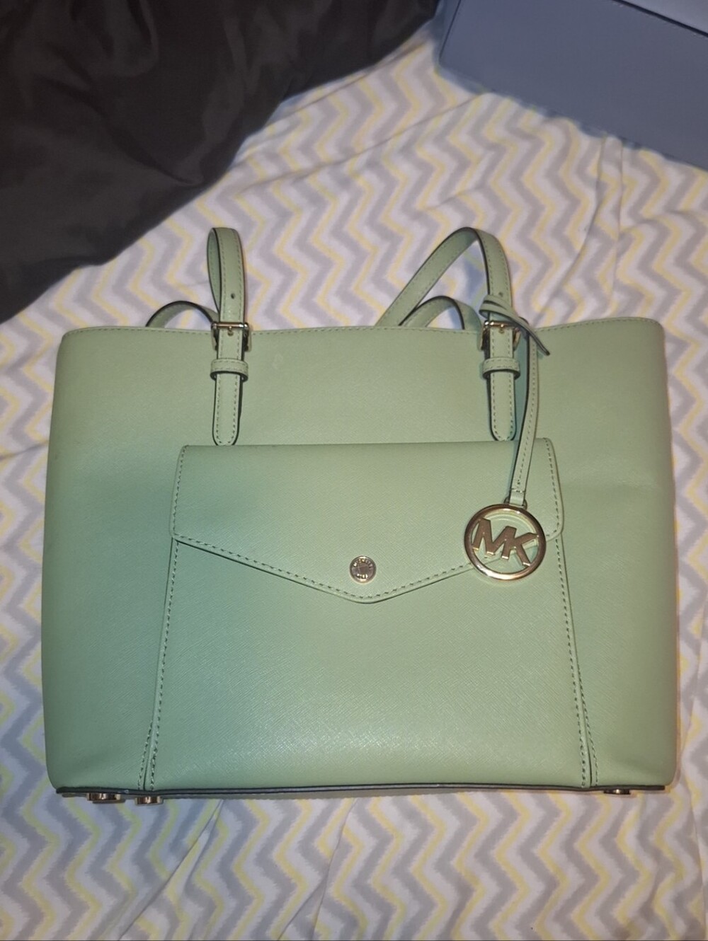 Michael Kors Mint Saffiano Leather Tote with Front Pocket